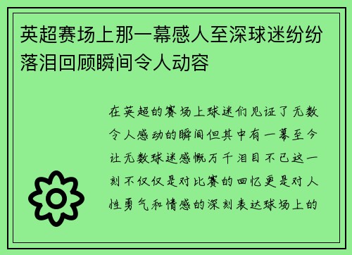 英超赛场上那一幕感人至深球迷纷纷落泪回顾瞬间令人动容